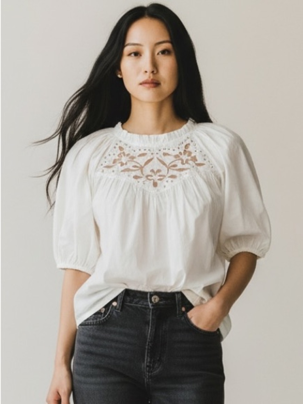 Cleobella Baylor Eyelet Puff Sleeve Top Ivory Ruffle Collar Cotton Size Medium